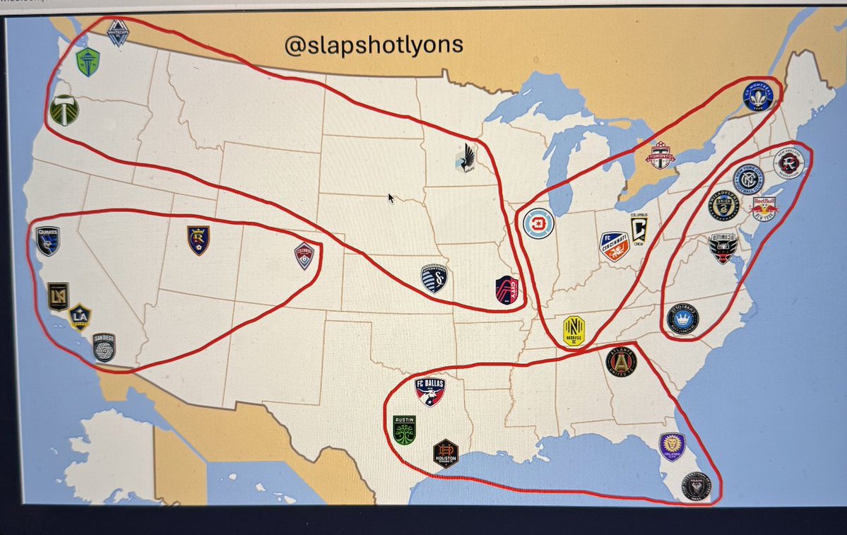 andrew_wiebe's tweet image. I could get down with this one, too.

Mostly keeps everyone together, rivalry wise. Charlotte and Nashville get broken up from the South, but (again) everyone plays everyone once anyway.

We&apos;ll dig into your conference alignment suggestions on This is MLS at 1 pm ET on @MLS YT!