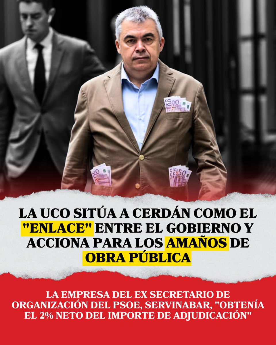 La UCO señala que el 2% de los contratos acababa en el PSOE y que Santos Cerdán se beneficiaba.

Las cosas para Ferraz pintan muy mal.