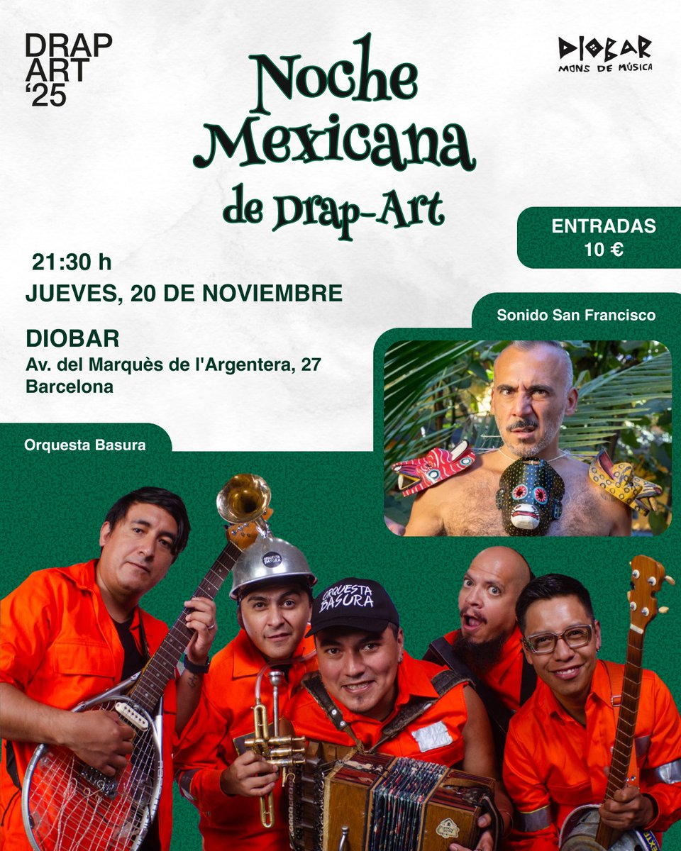 DrBatonga's tweet photo. Dijous, 20/11, 9.30 pm, al #Diobar farem una nit mexicana amb la gent de @DrapArt...
Concert de @orquestabasura i els seus instruments fets d'objectes quotidians reciclats
Dj set tropical de @SonidoSanFco
Anticipades a https://t.co/7cddJbWMB7
ℹ️ https://t.co/85Pd5HOKe8 https://t.co/Rf83JEU4xo