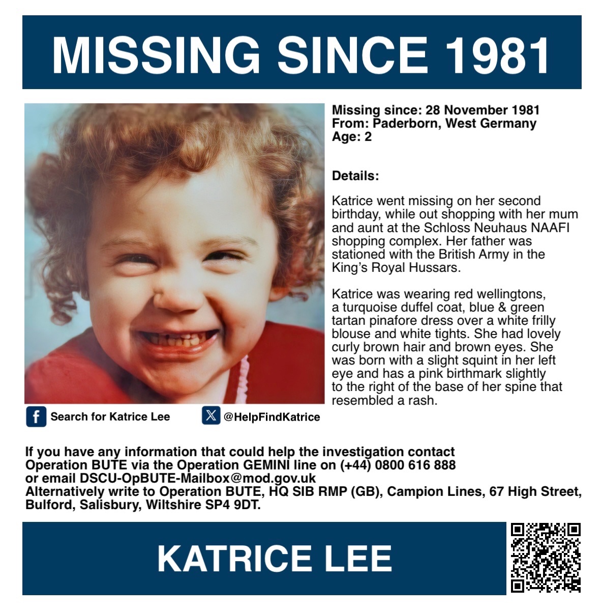 MisPersSupport's tweet image. It is 44 years today since Katrice Lee disappeared and also her 46th birthday. Please keep her family in your thoughts 🙏🏻

ANNIVERSARY APPEAL - KATRICE LEE

Katrice Lee went missing on her 2nd birthday on 28 November 1981 while out shopping with her mum and aunt at the Schloss…