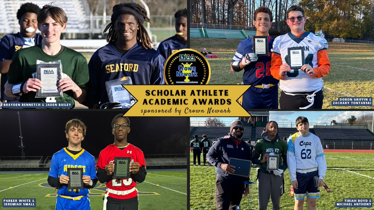 DIAA_Delaware's tweet photo. 🏆✨ Congratulations to our Football and Unified Flag Football DIAA Scholar Athlete Award Winners! ✨🏆

Presented by Crown Newark, the DIAA Scholar Athlete Award celebrates those who balance academics and athletics at a championship level.

#DIAA #EducationThroughAthletics #ScholarAthlete