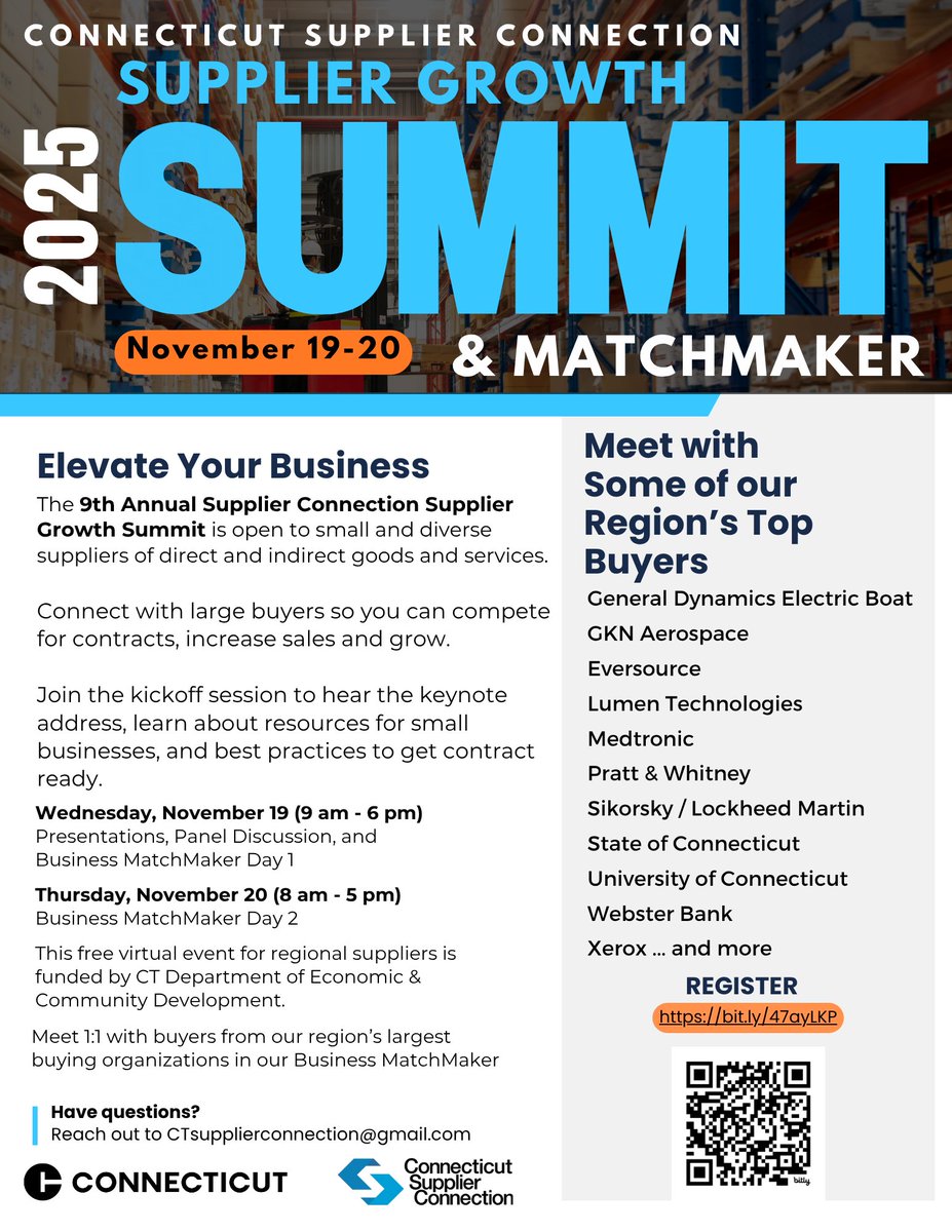 Polaris_mep's tweet image. General Admission (Kickoff meeting and Networking Lounge Access) tickets are still available for CT Supplier Connection&apos;s 9th Annual Supplier Growth Summit. This FREE, VIRTUAL event begins tomorrow at 9:00 AM.
eventdex.com/ctsuppliergrow…