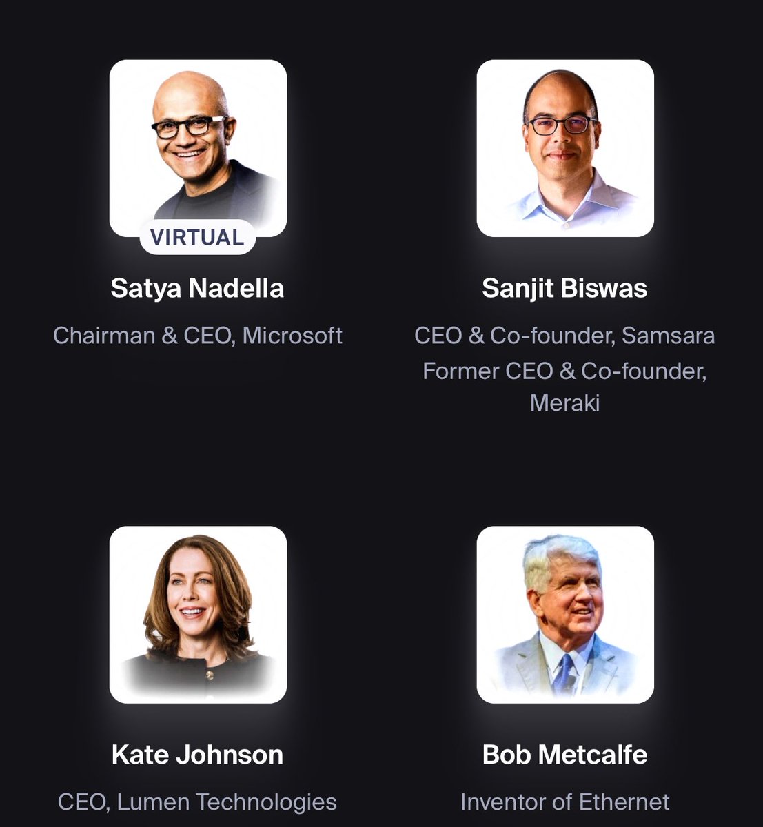 sarbjeetjohal's tweet image. I am on my way to #MeterUp in San Francisco! Today’s keynote speakers include Bob Metcalfe, @RobertMMetcalfe (the inventor of #Ethernet), @SatyaNadella (CEO, @Microsoft), Sanjit Biswas (CEO, @Samsara &amp;amp; former CEO, Meraki) and Kate Johnson,  (CEO, Lumen). 

Stay tuned for more… I
