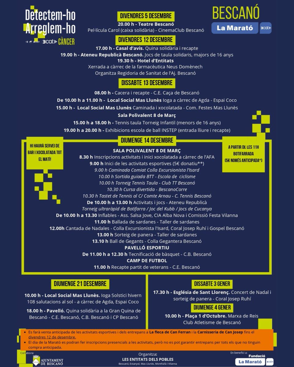 💛 DETECTEM-HO. ARREGLEM-HO. ACTES PER LA MARATÓ 2025
🫀 Aquest desembre, Bescanó es mobilitza per La Marató de TV3, dedicada enguany a la lluita contra el càncer.
Consulta la programació completa al cartell!
🙌 T’hi esperem per fer poble, salut i solidaritat.