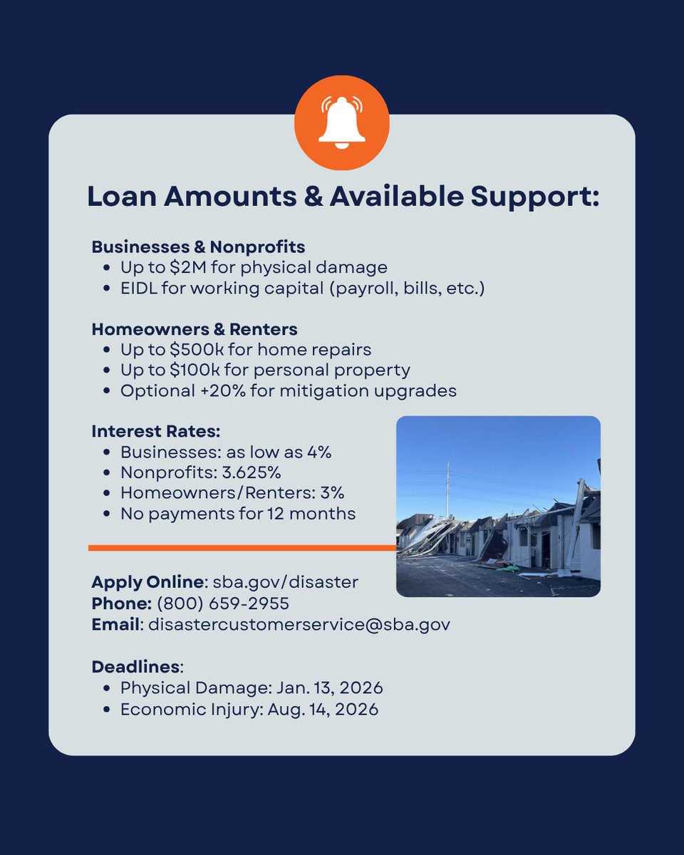 Maricopa County residents! The U.S. SBA has opened low-interest federal disaster loans for businesses, nonprofits, homeowners, and renters affected by recent storms.

Apply online: sba.gov/disaster
Deadlines: 
- Jan 13, 2026 (physical damage)
- Aug 14, 2026 (economic)