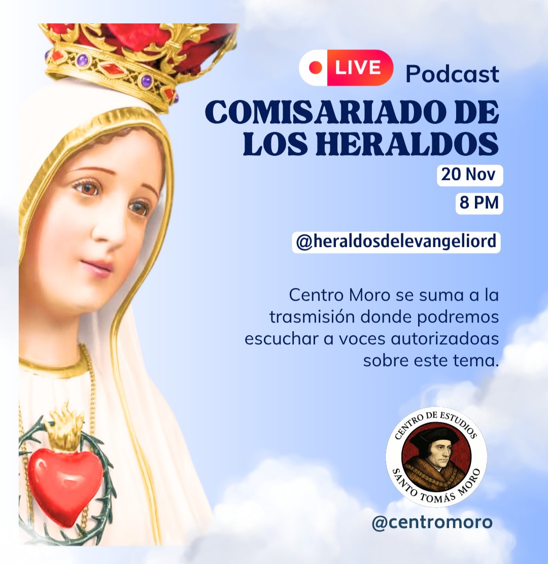 El Centro de Estudios Santo Tomás Moro se suma a la transmisión en vivo, donde se podrá escuchar a voces autorizadoas sobre el comisariado de los Heraldos.
📆 Jueves 20 NOV
⏰ 8 PM
youtube.com/@heraldosdelev…