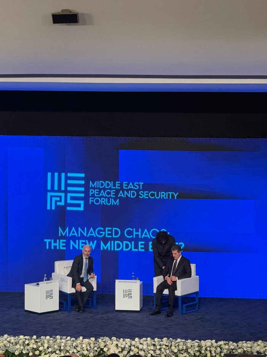 hemaa_kamal's tweet image. Now, President Nechirvan Barzani speaking at the #MEPS conference in Duhok, calling for unity and stressing the Region’s role in stability and dialogue.