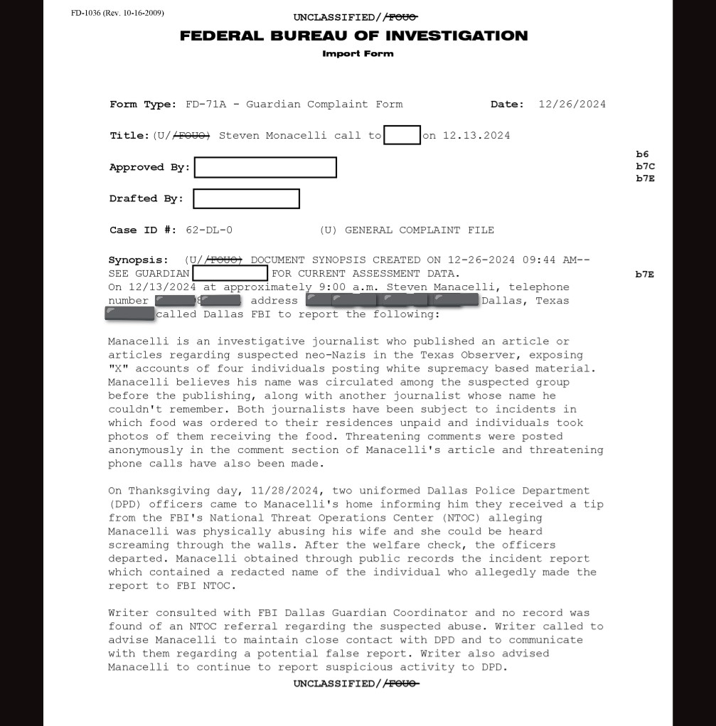 stevanzetti's tweet image. Last Thanksgiving, two Dallas Police officers knocked on my door, citing a tip from the FBI national threat operations center that I was beating my girlfriend. Today, I obtained a file from the FBI via FOIA that states the FBI has no record of receiving such a tip.