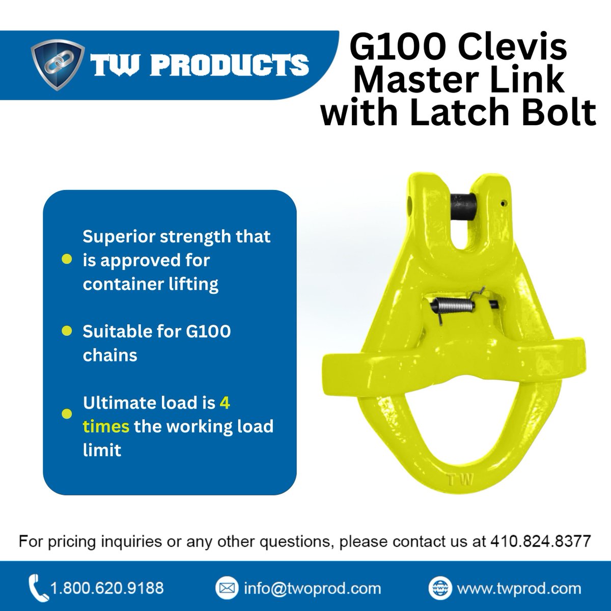TW_Products's tweet image. Lift with confidence. Our G100 Clevis Master Link with Latch Bolt is container-lift approved and built to handle serious loads.🔗 For questions, email marketing@twprod.com or call us at 410-824-8377. #heavylifting #masterlink #Grade100
