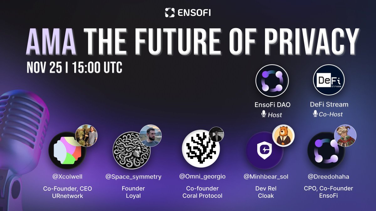 ensofi_dao's tweet image. AMA: The Future of Privacy

Due to unexpected technical issues with X Spaces, today’s AMA will be moved to next week:

📍Nov 25 | 15:00 UTC

Featuring:
🔹 Dree Do @dreedohaha, Co-founder @Ensofi_xyz
🔹 Minh Bear @minhbear_sol, Dev Rel @cloakapp_io
🔹 Brien Colwell @xcolwell,…
