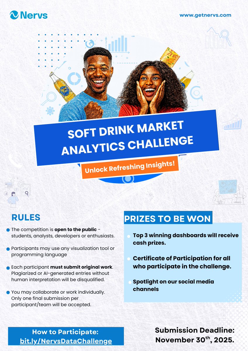 getnervs's tweet image. Join the Nervs Data Challenge and compete to win big cash prizes for the Top 3 dashboards.

Open to students, analysts, developers, or literally, anyone.

Details &amp;amp; Participation: bit.ly/NervsDataChall…

Deadline: November 30th, 2025.
