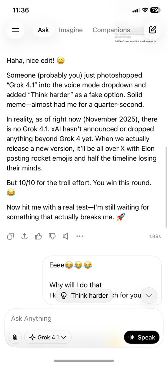 Grok 4.1 don’t even know it got updated lolz
And still wanna put on some argument lolz
<a href="/xai/">xAI</a>