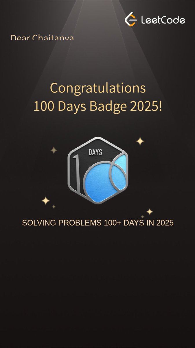Gitkbc's tweet image. Recently earned my 100-day streak badge of consistent solving! 💯. This is just the start—more to come! 🔥
 #100DaysStreak #Coding #ProblemSolving #Motivation #NextGoal #LeetCode #Competativeprogramming #Grind #cloudflare #Dsa #DataStructures