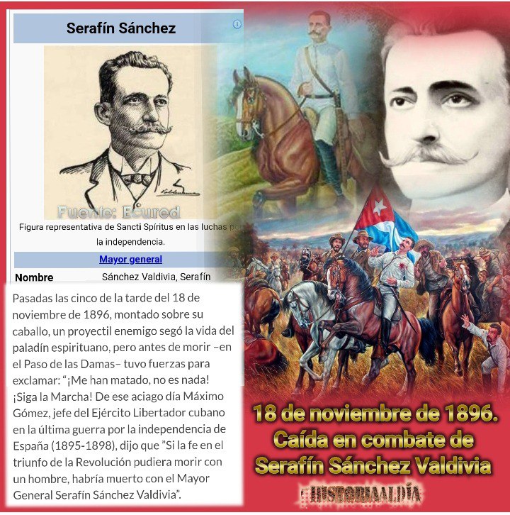 ElAvile67's tweet image. 💪🇨🇺 Comparte, Ama❤️ y Divulga 📲 la Historia 📝📅.
☝️Efemérides del 18 de noviembre.

👣 Nace Máximo Gómez Báez.
👣 Caída en combate de Serafín Sánchez.
👣 Comienzo de la Revolución Mexicana.
👣 Nace Máximo Francisco Repilado, Compay Segundo.

#100AñosConFidel
#HistoriaAlDía
