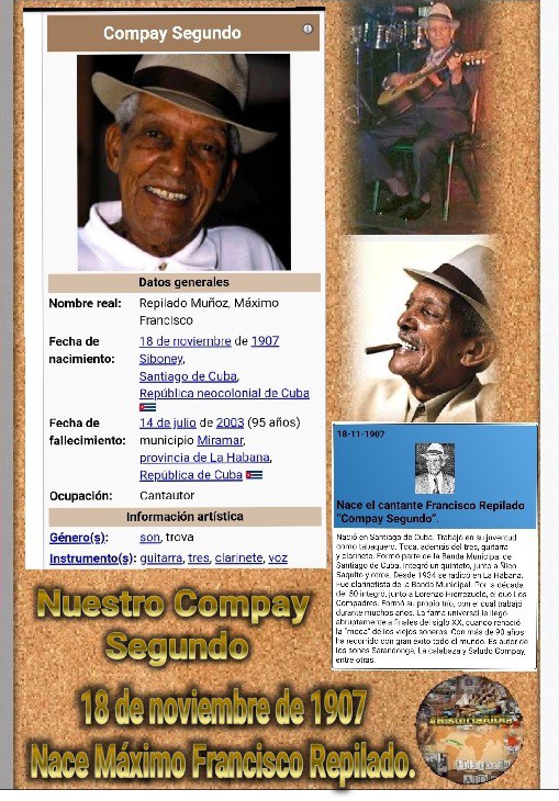 ElAvile67's tweet image. 💪🇨🇺 Comparte, Ama❤️ y Divulga 📲 la Historia 📝📅.
☝️Efemérides del 18 de noviembre.

👣 Nace Máximo Gómez Báez.
👣 Caída en combate de Serafín Sánchez.
👣 Comienzo de la Revolución Mexicana.
👣 Nace Máximo Francisco Repilado, Compay Segundo.

#100AñosConFidel
#HistoriaAlDía