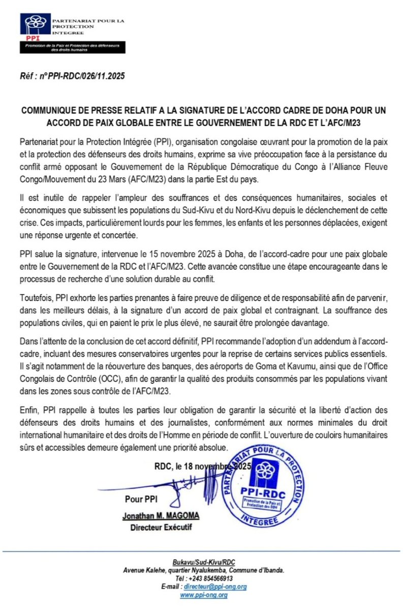 <a href="/PPIREGIONALE/">Partenariat pour la Protection Intégrée</a> salue la signature de l’Accord-cadre de Doha entre la RDC et l’AFC/M23. Cet accord est une avancée vers une paix globale. PPI appelle à :  
✔️ Une justice transitionnelle inclusive  
✔️ La fin des hostilités  
✔️ L’implication des victimes dans le processus de paix