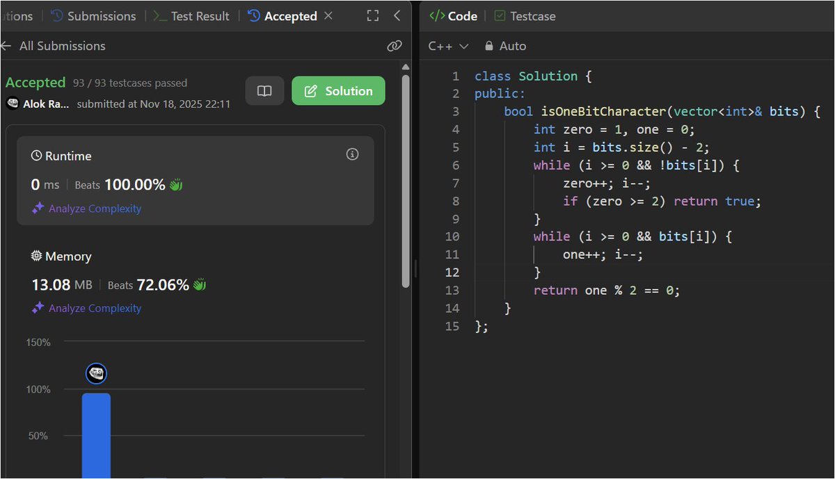 bharatalok11's tweet image. 74/100  Solved LC [717] : 1-bit and 2-bit Characters
 #100daysofcode #buildinpublic