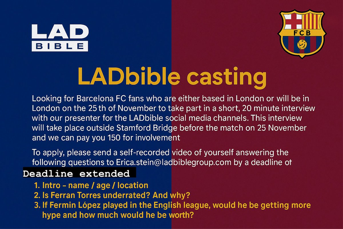 Casting Barcelona fans who’ll be in London for Chelsea v Barcelona on 25th Nov for a quick paid interview (£150) with LADbible.

Would love a RT to help us reach Barça fans!