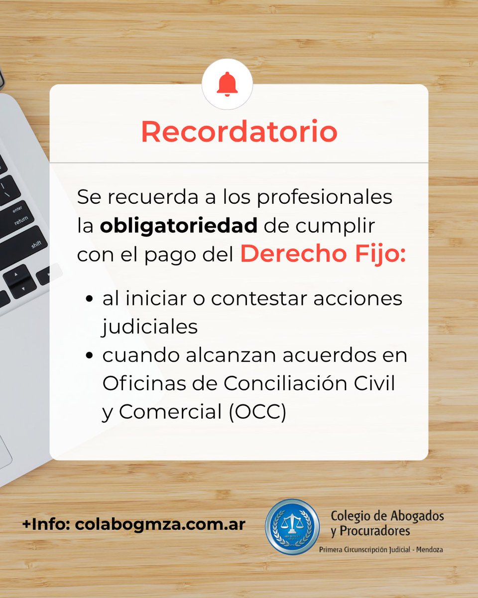 El Colegio de Abogados y Procuradores de la Primera Circunscripción Judicial de Mendoza recuerda a los profesionales la importancia de cumplir con el pago del 𝐃𝐞𝐫𝐞𝐜𝐡𝐨 𝐅𝐢𝐣𝐨.

🔗 Más info: colabogmza.com.ar/aporte-obligat…