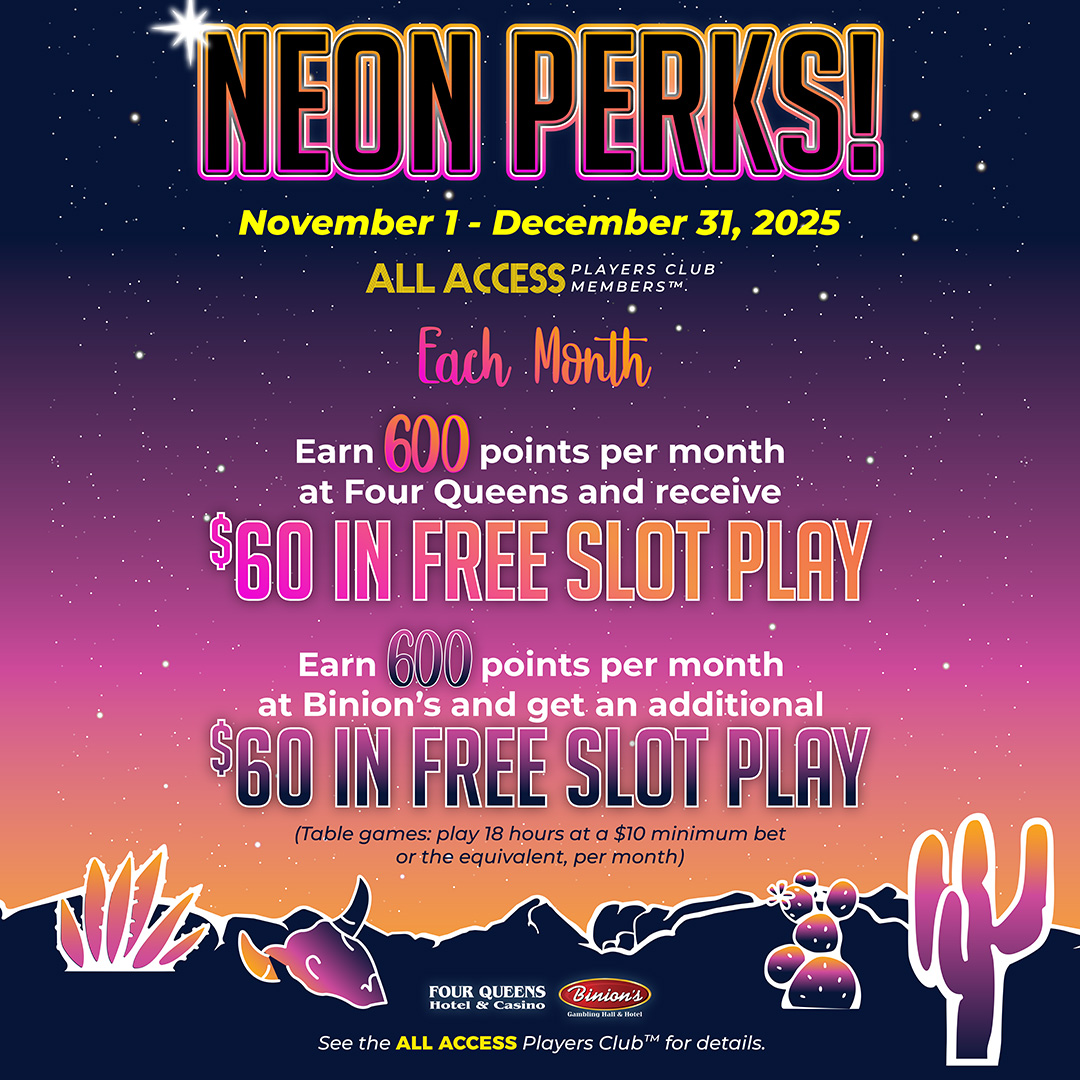 The time has come! ⏰ Neon City Festival is THIS WEEKEND! 
Make your plans ahead of time and don't forget the best views of 1st Street Stage are at Whiskey Licker Up inside Binion's! 💰 And get your free slot play while you're here!