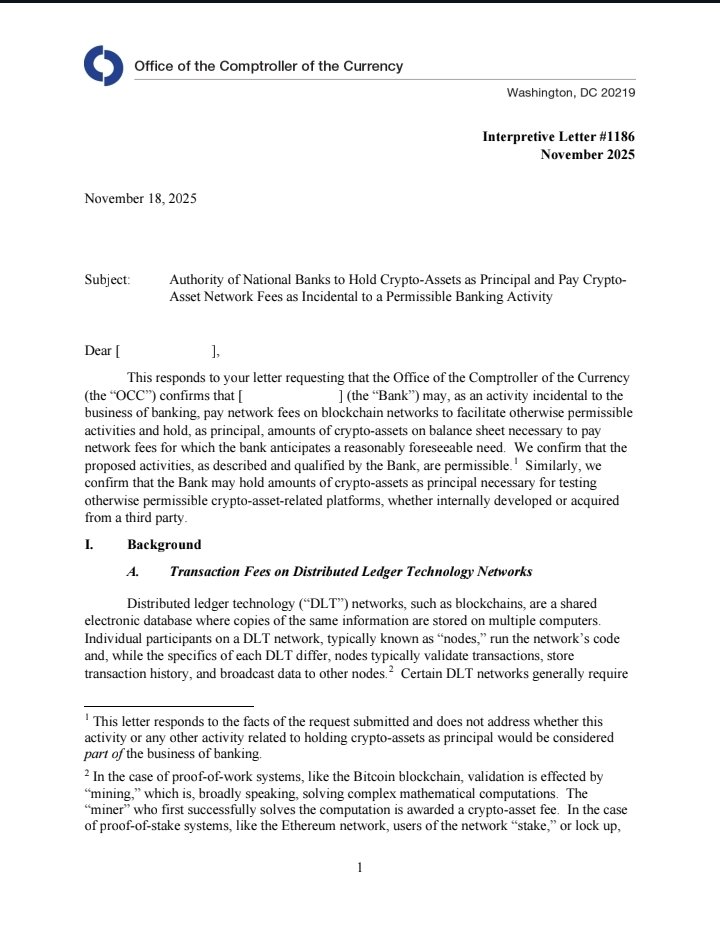 Xaif_Crypto's tweet image. 🇺🇸 BREAKING: U.S. Regulator Makes BIG Move for Crypto

The OCC just clarified how U.S. banks can hold crypto to pay network gas fees.
This is a MAJOR step toward full banking integration with blockchain. 

The rails for the XRP era are being laid. 🚀🌐