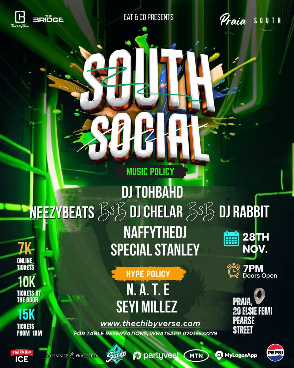 South Socials is back on the 28th 🥳🥳

Music: <a href="/DJTOHBAHD/">Undisputed 👑🎧</a> | <a href="/SpecialSTANLEY_/">Special</a> | <a href="/iam_neezy/">Ade👑</a> | <a href="/DjRabbit25__/">Big Propeller</a> |<a href="/hotsturvvv/">🐘naffy🐘</a> | DJ Chelar
Hypemen: <a href="/iam_n_a_t_e/">Corporate HypeMan No. 1</a> | <a href="/badboymillez/">Seyi Millez.</a> 

Thechibyverse.com for tickets 🎟️
WhatsApp 07035532279 for Table reservations 

Sponsors: