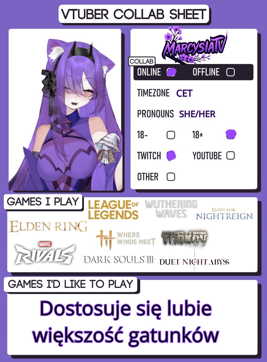 marcysiattv's tweet image. CHĘTNA/Y NA COLLAB? 🟣

Szukam ludzi, z którymi będzie po prostu fun i miła atmosfera na streamie. Gierki, pogaduszki, cokolwiek dostosuje się. 😊 

Kontakt: Discord « marcysiatv »
Lub DM na X.

#vtuberPL #PLvtuber #Vtuber