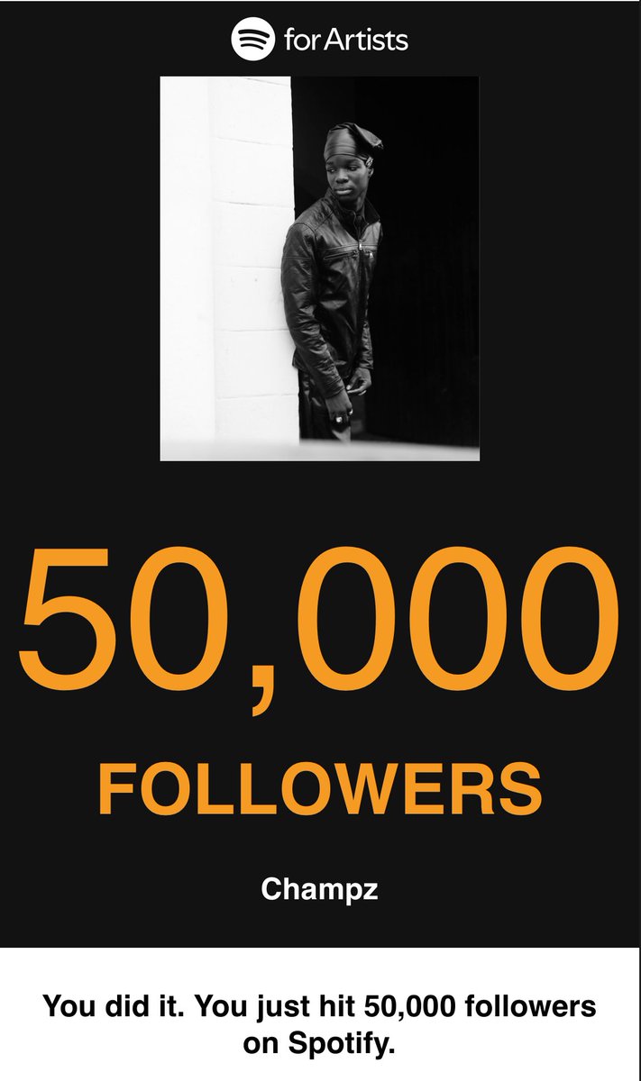 50k Spotify followers locked in!
The support has been insane. 
Appreciate every single one of you. 
Champion energy only 🏆