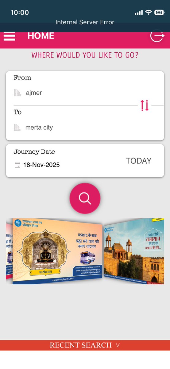ksaini1507's tweet image. यह @RSRTC_OFFICIAL की ऑनलाइन टिकट बुकिंग ऐप ऐसे ही चलती है या आज ही ऐसा हो रहा है?
आज पहली बार उपयोग कर रहा हूँ। 
#InternalServerError 
#Rsrtc 
#Rajasthan 
 #RSRTCBusses
@PR_RSRTC
@DrPremBairwa