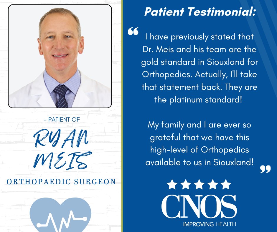 CNOSPC's tweet image. Patients who have visited CNOS Orthopaedic Surgeon Dr. Ryan Meis, highly recommend his care! 👌

⭐️⭐️⭐️⭐️⭐️

Learn more about Dr. Meis, his team and specialties here  
🔗cnos.net/providers/doct…

#TestimonialTuesday #CNOS #ImprovingHealth #Orthopaedics #OrthopaedicSurgeon