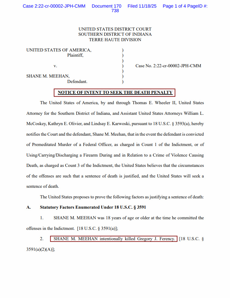 MattBlacInc's tweet image. Update | UNITED STATES OF AMERICA  v.  No. 2:22-cr-00002-JPH-CMM  #SHANEMEEHAN IN

NOTICE OF INTENT TO SEEK THE #DEATHPENALTY

2. SHANE M. MEEHAN intentionally killed 
#GregFerency #Delphi

projectneverbroken.org

projectneverbroken.org/gregs-story/

pages 4