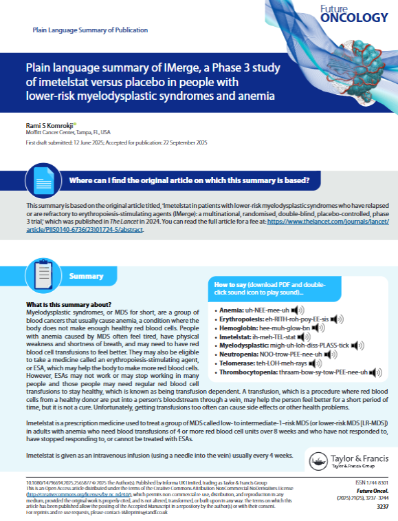 PlainLangSumm's tweet image. New treatment option for myelodysplastic syndrome, Imetelstat showed promise in Phase 3 trials for transfusion-dependent patients. Learn more on the research here &amp;gt;&amp;gt;&amp;gt;
hubs.ly/Q03TyPZV0

#PlainLanguageSummary #Hematology #RareBloodCancer