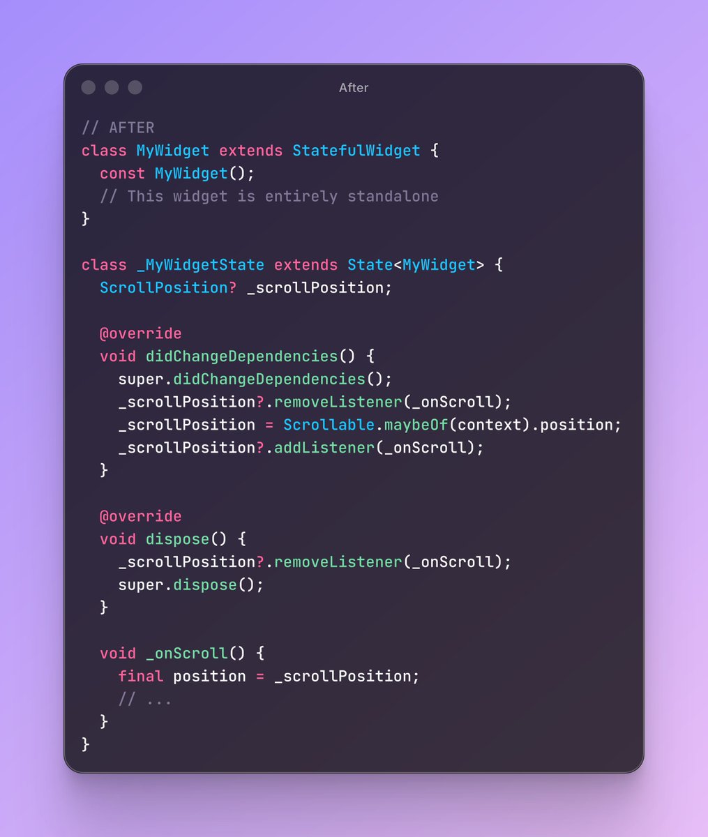 imadetheseworks's tweet image. #FlutterDev tip: use the current `Scrollable.of(context)` to react to scroll events from inside the scrollable content.

Combine this with `NotificationListener` if you need to listen from outside the scrollable, and you barely ever need to drill down `ScrollController` anymore.