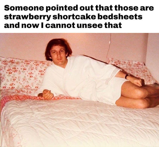 JasonBassler1's tweet image. Q: Is it normal for a 30-something millionaire &quot;real estate mogul&quot; to sleep on Strawberry Shortcake sheets?

Asking for a friend...