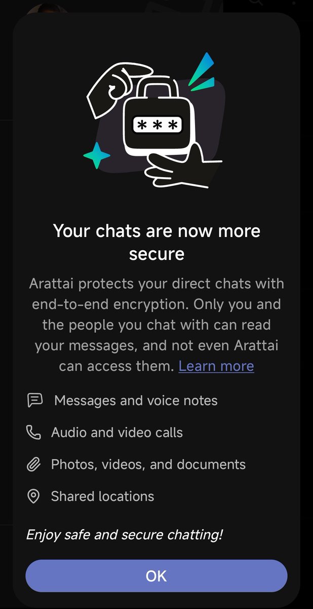 FI_InvestIndia's tweet photo. Amazing Update for Arattai Users:

Indian Built &amp; Developed @Arattai app is now End to End Encrypted for Text &amp; Calls.

Super Proud of our Team ❤️❤️❤️

Long way to go @svembu ji @Zoho 

#FI https://t.co/36Qc3XXcaD