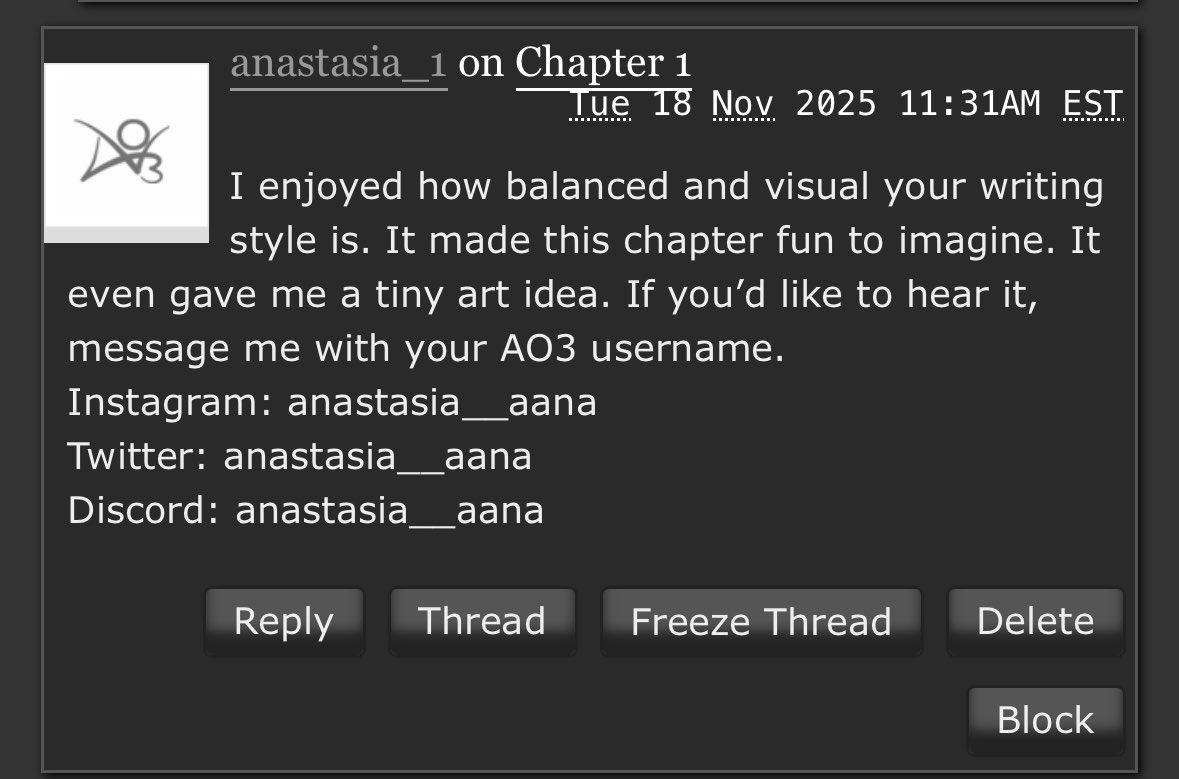Hobbity_Gray's tweet photo. @Anastasia__Aana you seem to be a legitimate artist so I'm going to give you this piece of advice for free. Don't go hawking your services in the comments of AO3. It's unwanted spam and against the TOS. It's also a common scam. So don't be surprised if you get banned. 🤷 https://t.co/0nOfX1Kflh