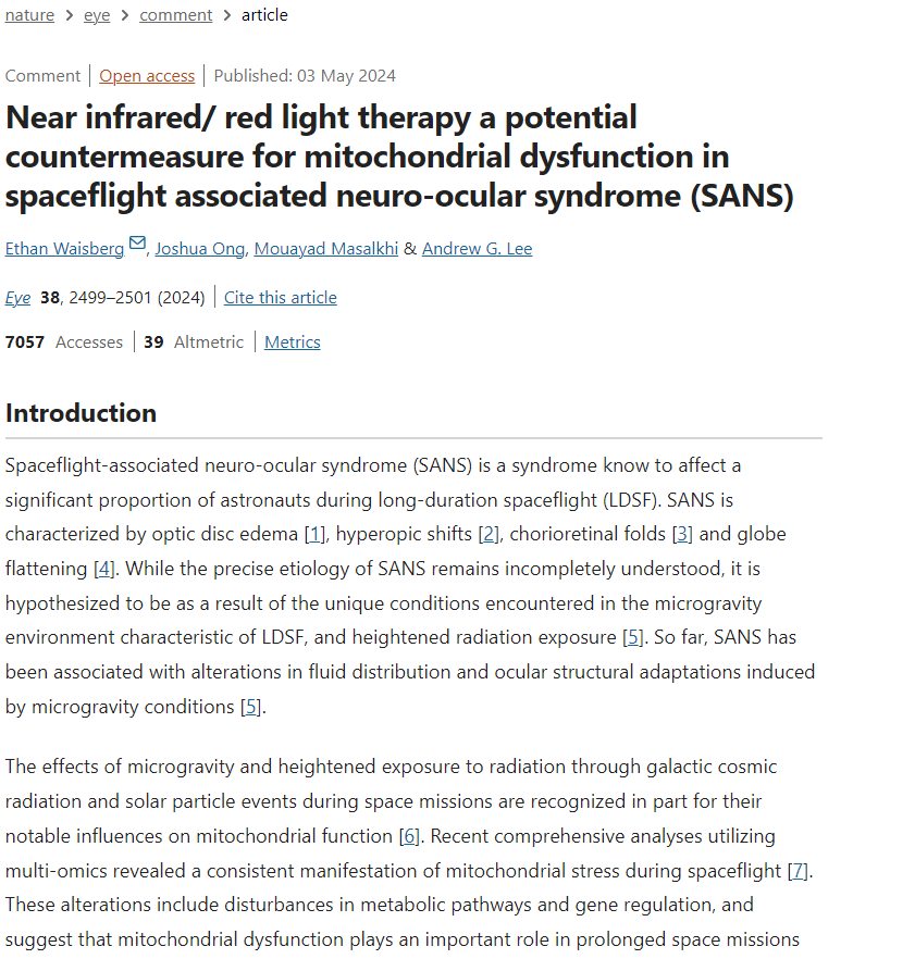 BlueLightDiet's tweet image. Red and Infrared Light Therapy Machines are a Countermeasure for Mitochondrial Dysfunction

Yes, spare me the tweet replys, we know about the sun, but this paper focuses in on how RLT helps astronauts with mitochondrial dysfunction in an alien world (space).

Note that in many…