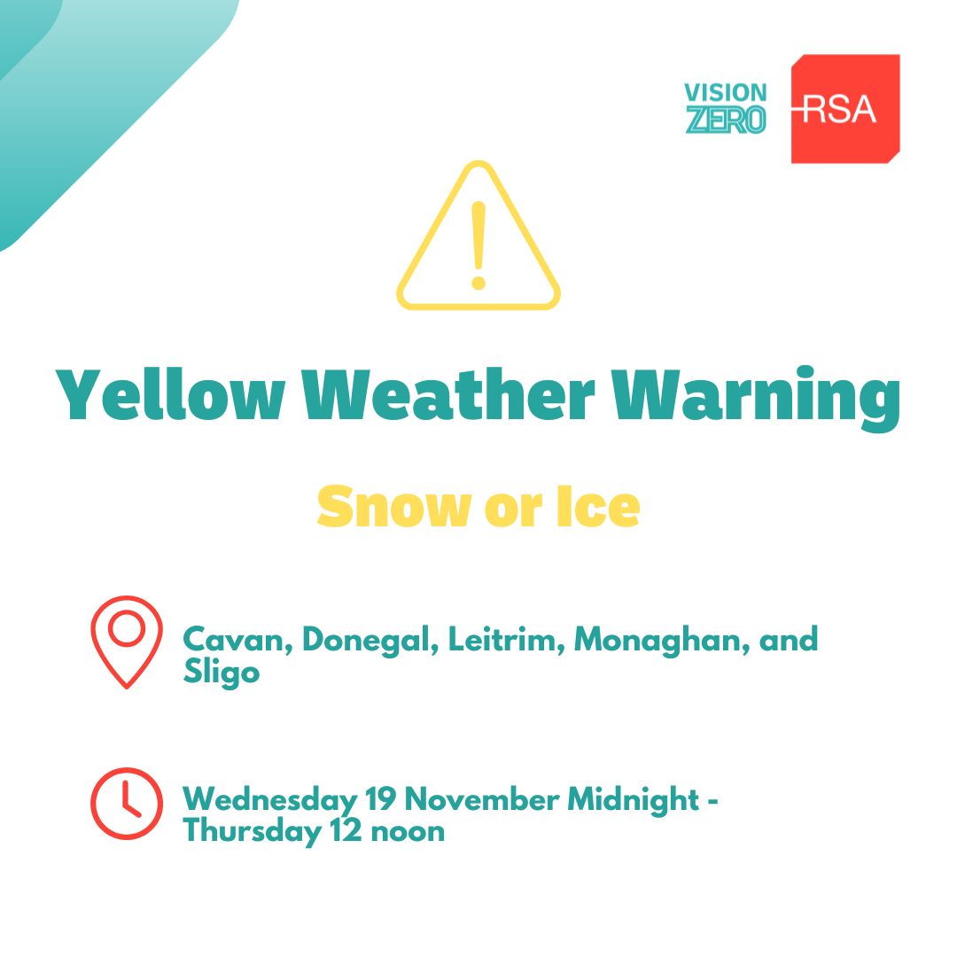 We are advising road users in Cavan, Donegal, Leitrim, Monaghan, and Sligo to take extra care when using the roads as Met Éireann have issued Yellow Snow / Ice weather warnings with wintry showers of hail, sleet and snow from tonight into Thursday.
#visionzero