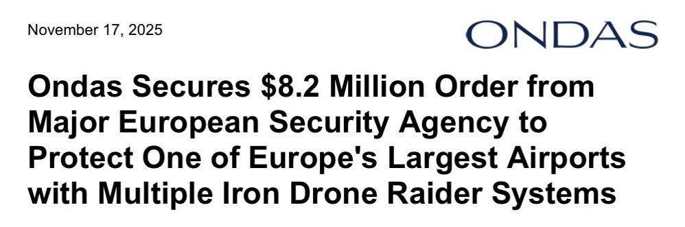 🧵 $ONDS: A single airport deal that opens the European market 👇

💭 A major European security agency has commissioned $ONDS to equip one of Europe’s largest international airports with multiple Iron Drone Raider systems. A contract worth around $8.2M with Airobotics as prime