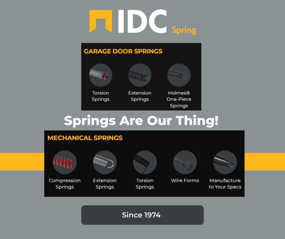 IDCSpring's tweet image. 🌀 Springs Are Our Thing! 🌀 

At IDC Spring, we don’t just make springs — we live springs! From garage doors to industrial applications, our custom spring solutions are built to perform, built to last, and built just for you. 

 Visit us at IDCdpring.com