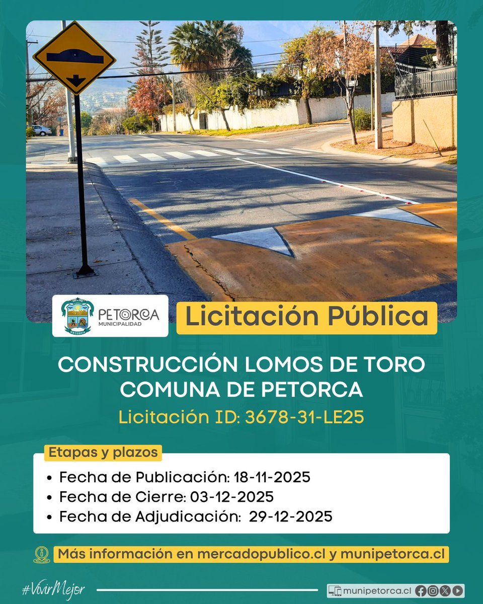 La Municipalidad de Petorca abre proceso de Licitación Pública.
📌 Servicios requeridos:

🔹 REPOSICIÓN DE PASARELAS COMUNA DE PETORCA
🔹 CONSTRUCCIÓN LOMOS DE TORO COMUNA DE PETORCA

👉🏼 Consulta las bases y postula en mercadopublico.cl 🖥