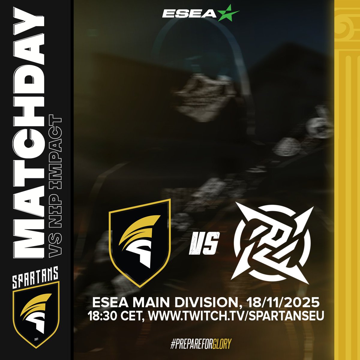 A big game for us, as we approach the end of the regular season!
⚔️Matchday 12
🗓️18/11/25
🆚<a href="/NIP/">Ninjas In Pyjamas</a> Impact
🏆ESEA Main Division
🕓18:30 CET
🎙️twitch.tv/spartanseu
#PrepareForGlory
#ESEA #CS2 #Gaming #esports #esport #CSGO #CS #spartans