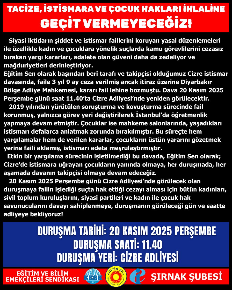 Cizre İstismar davasında cezasızlık politikaları ile çocukların geleceği karartılıyor.
Çocukların geleceğine sahip çıkmak hepimizin ortak sorumluluğudur!
Failleri değil, çocukları koruyun!
#İstismaraGeçitVermeyeceğiz