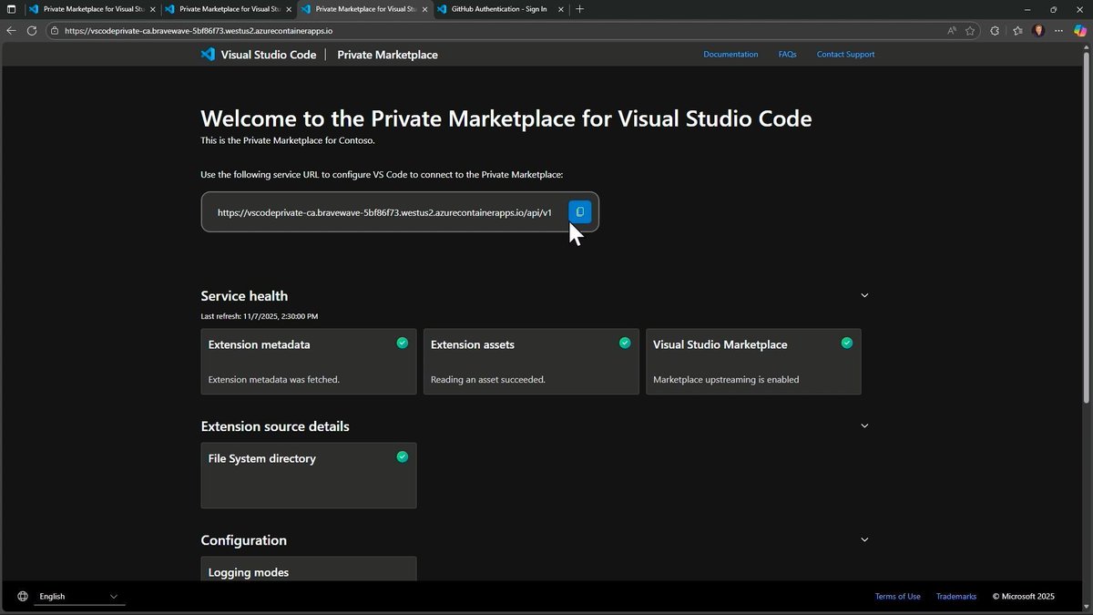 code's tweet image. The VS Code Private Marketplace is now generally available! 

Enterprises can finally self-host and control extension distribution for their dev teams. Secure, compliant, and seamless - right inside @code.

Start here: aka.ms/vscode/private…
