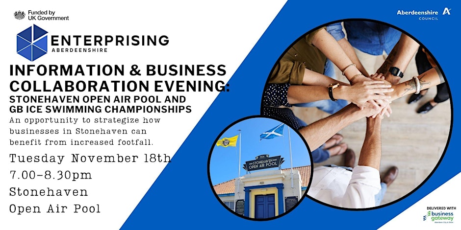 EconDevAbshire's tweet image. ℹ️International Ice Swimming Association (IISA) GB Championships-Stonehaven

#Retail #Hospitality Businesses are tonight invited to discuss how Stonehaven may benefit from the added footfall during that busy IISA/#SmallBizSatUK &amp;amp; Farmers&apos; Market weekend

⏰7-8.30pm Tue 18 Nov
2/2