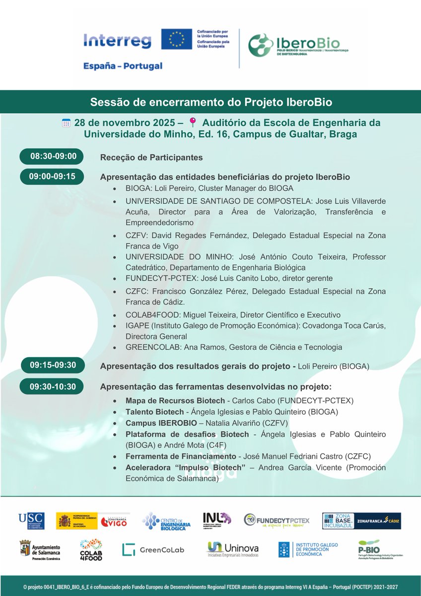 pbio_pt's tweet image. Sessão de Encerramento do Projeto #IberoBio, uma iniciativa ibérica de promoção da biotecnologia entre Espanha e Portugal, decorre a 28 de novembro de 2025, na Universidade do Minho, Braga.

Inscrições abertas até 26 de novembro: shorturl.at/G2WVO

#PBIO #Biotecnologia