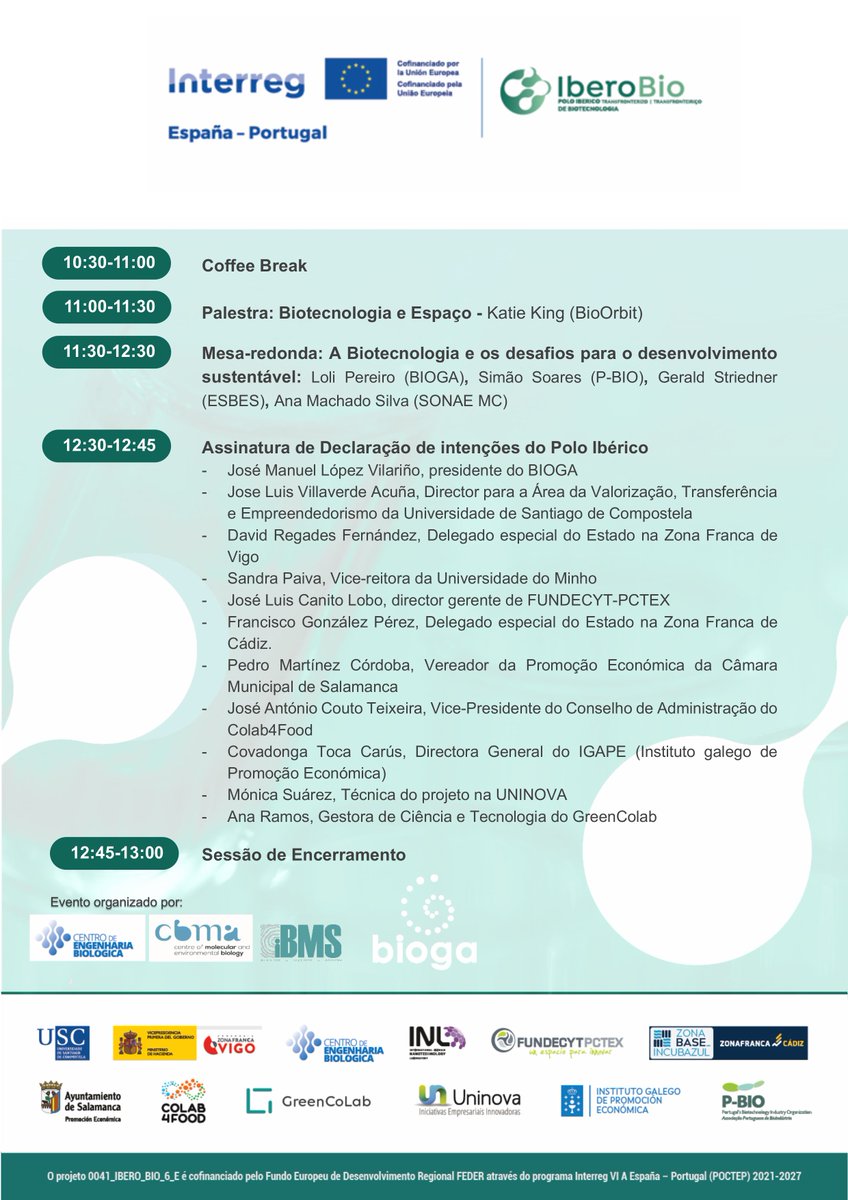 pbio_pt's tweet image. Sessão de Encerramento do Projeto #IberoBio, uma iniciativa ibérica de promoção da biotecnologia entre Espanha e Portugal, decorre a 28 de novembro de 2025, na Universidade do Minho, Braga.

Inscrições abertas até 26 de novembro: shorturl.at/G2WVO

#PBIO #Biotecnologia