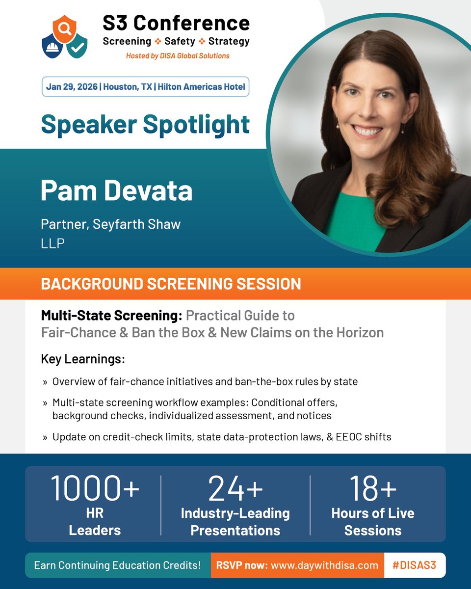 DISAGlobal's tweet image. 💡 Learn from one of the #backgroundscreening industry’s top experts, Pam Devata, at DISA&apos;s 2026 Screening, Safety, and Strategy Conference (S3)! 

➡ 𝗟𝗲𝗮𝗿𝗻 𝗺𝗼𝗿𝗲 𝗮𝗯𝗼𝘂𝘁 𝗦𝟯: tinyurl.com/yhypksj2

#DISAS3 #EmployeeSafety #HRStrategy #ContinuingEducation