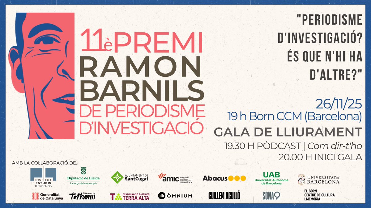 El 26/11, vine a brindar pel periodisme d'investigació a la gala de l'11è Premi Ramon Barnils!

A partir de les 19h a <a href="/ElBornCCM/">El Born CCM</a> premiarem els millors reportatges en català.

T'hi esperem!

Inscriu-te a: docs.google.com/forms/d/e/1FAI…