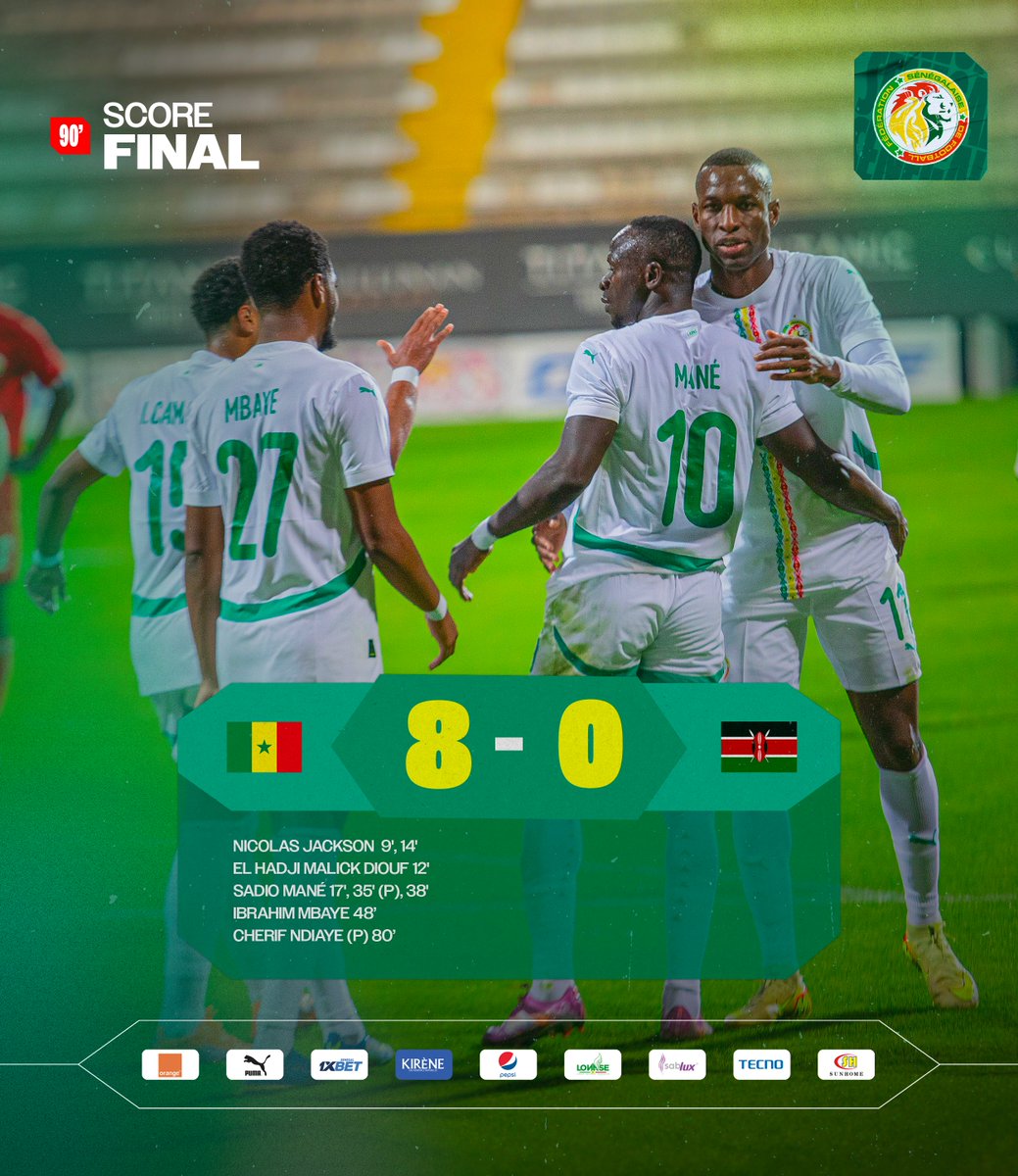 🔚 Au terme d’un match maitrisé de bout en bout, le Sénégal domine le Kenya et s’impose largement sur le score de 8-0.

Rendez-vous en décembre à Dakar où nos lions vont entamer leur préparation à partir du 08.